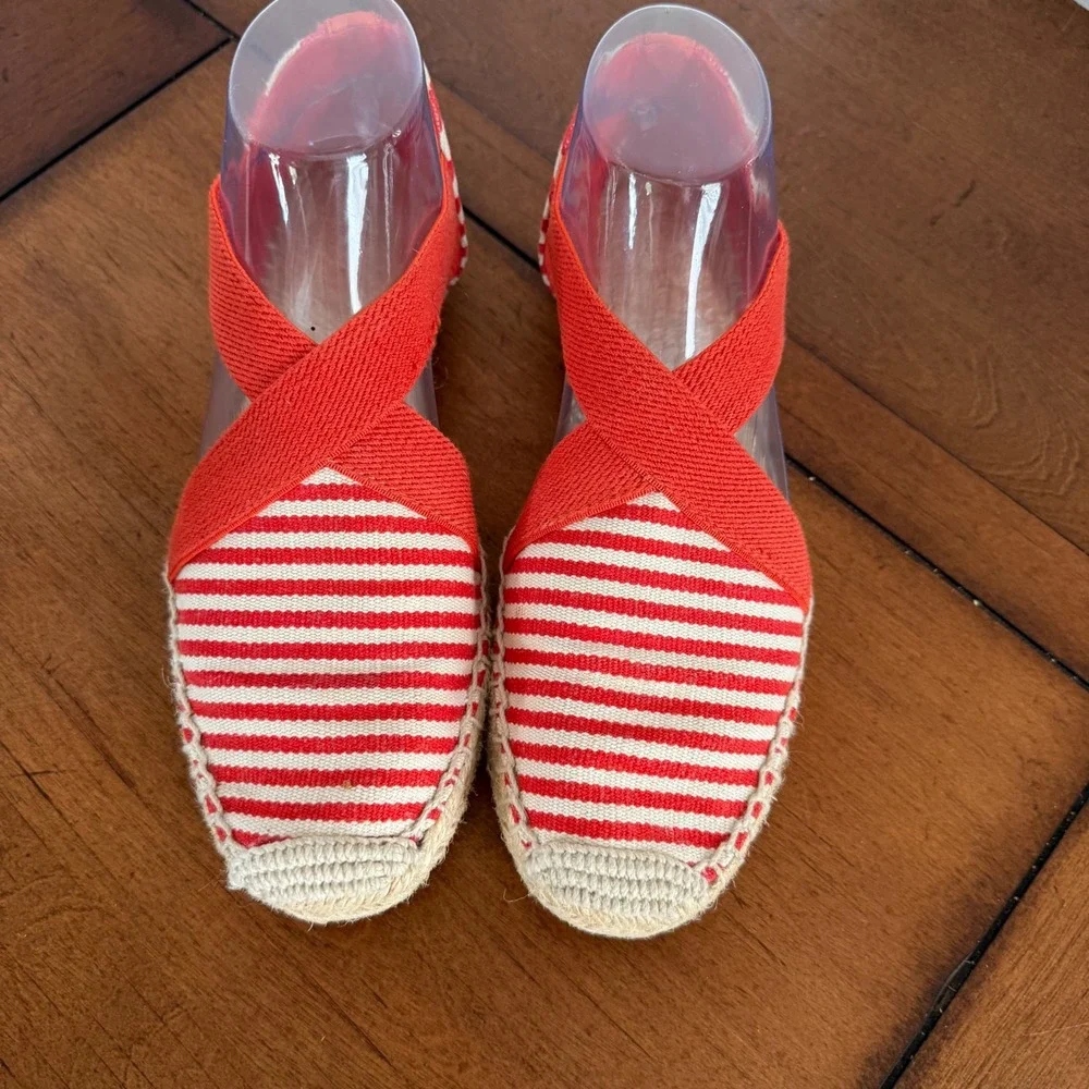 Tory Burch Red White Striped Canvas‎ Elastic Strap Espadrille Flats 8